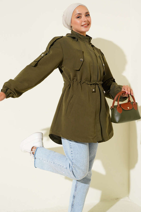 معطف ترنش بغطاء للرأس عند الخصر بلون كاكي