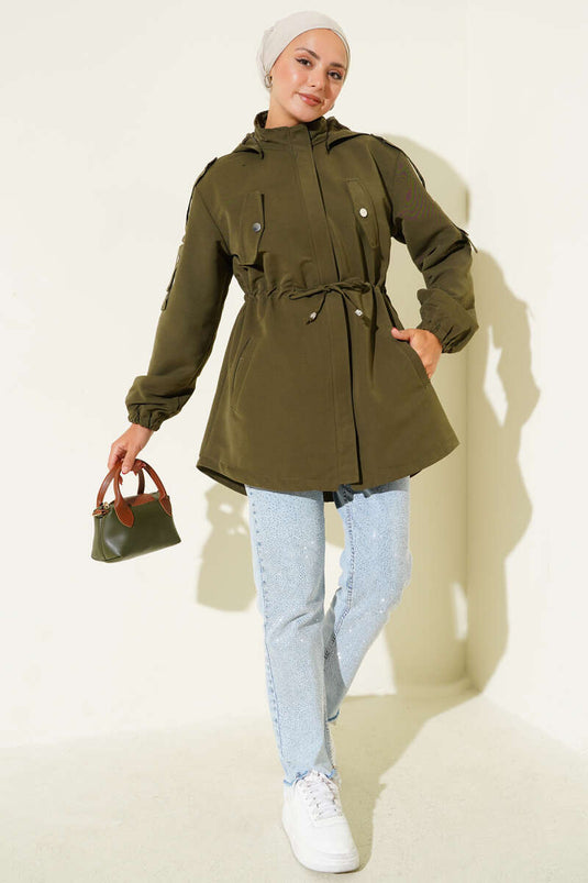 Trenchcoat mit Tunnelzug und Kapuze in Khaki