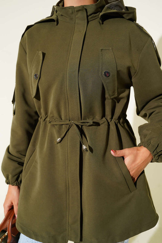 معطف ترنش بغطاء للرأس عند الخصر بلون كاكي