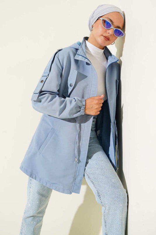 Bel Tünelli Kapüşonlu Trençkot Mavi