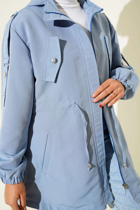 Bel Tünelli Kapüşonlu Trençkot Mavi