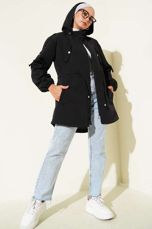 Bel Tünelli Kapüşonlu Trençkot Siyah