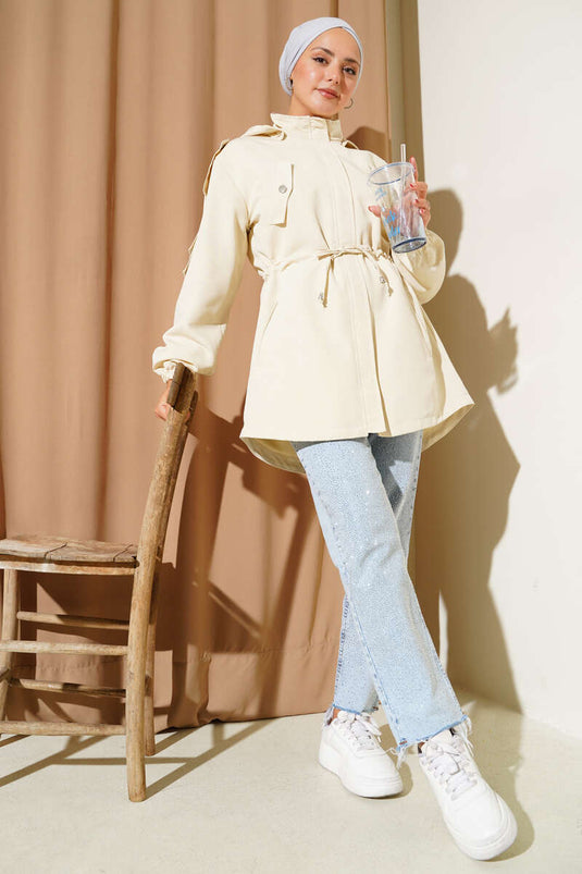 Trenchcoat mit Tunnelzug und Kapuze in Stein