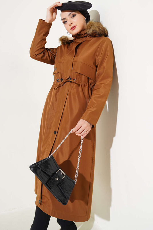 Belted Hooded Coat with Fur in Tan