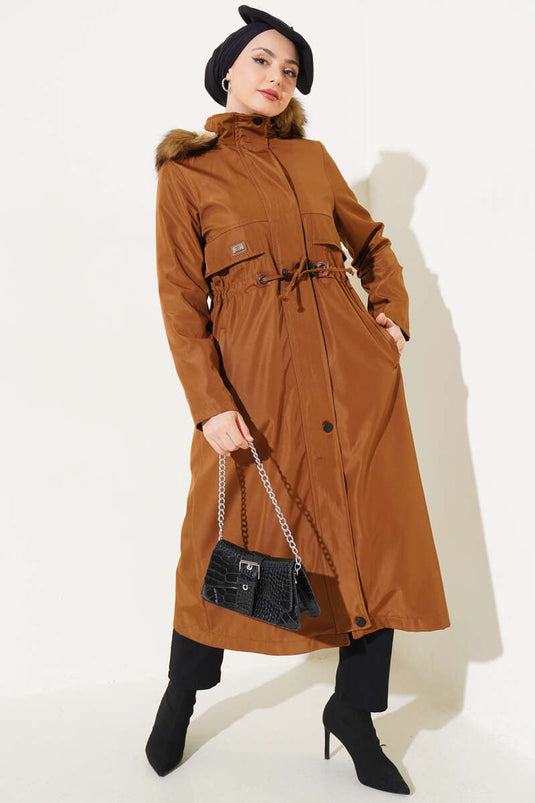 Belted Hooded Coat with Fur in Tan