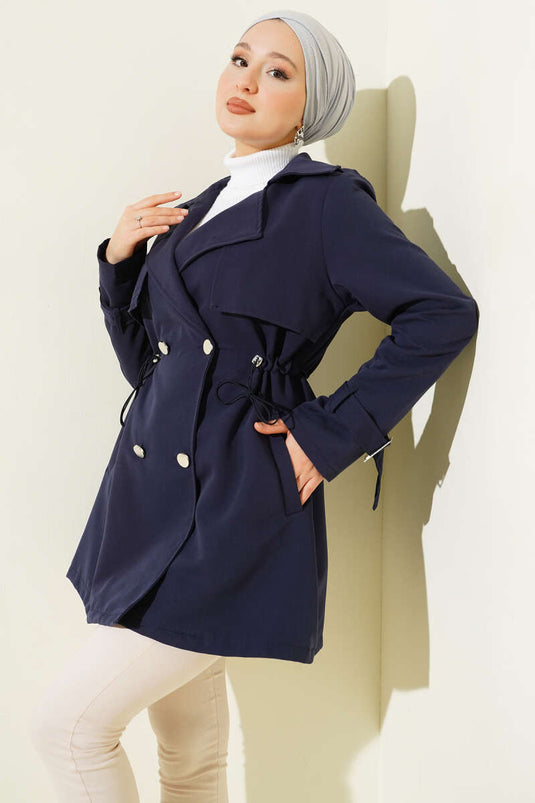 معطف ترنش قصير بقصة خصر نفقية أزرق داكن