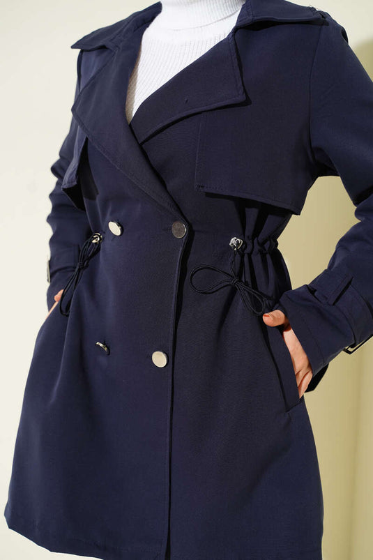 معطف ترنش قصير بقصة خصر نفقية أزرق داكن