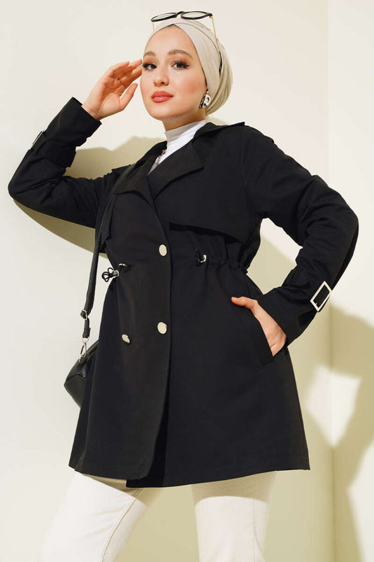 Waist Tunnel Short Trench Coat Black