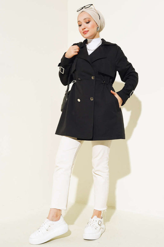 Waist Tunnel Short Trench Coat Black