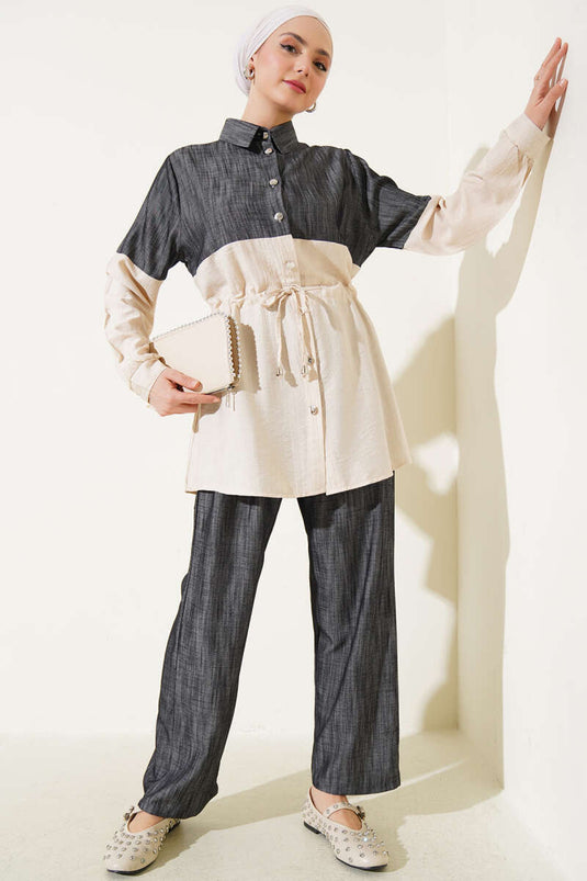 Ensemble deux pièces en denim beige avec ceinture tunnel