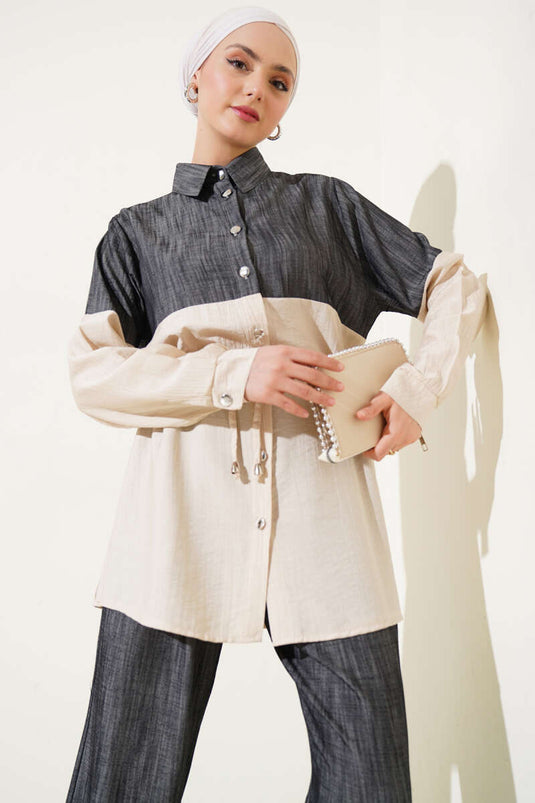 Conjunto de dos piezas con cintura tipo túnel y adorno de mezclilla en beige