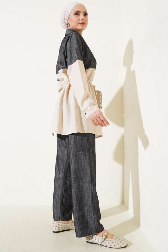 Conjunto de dos piezas con cintura tipo túnel y adorno de mezclilla en beige