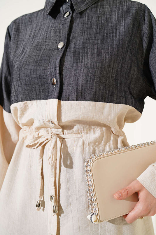 Ensemble deux pièces en denim beige avec ceinture tunnel