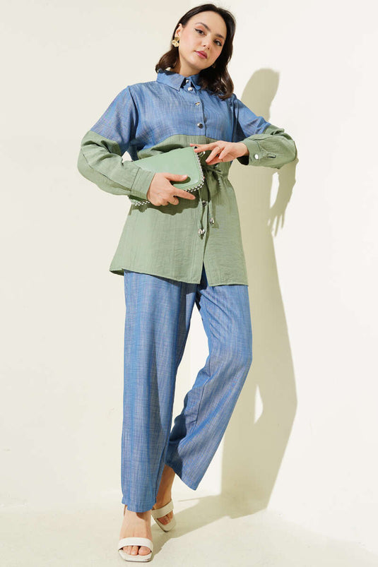 Ensemble deux pièces en denim avec tunnel à la taille, vert âge