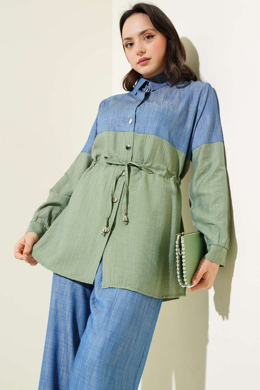 Conjunto de dos piezas con cintura tipo túnel y adorno de mezclilla, color verde edad