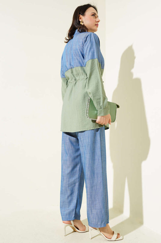 Conjunto de dos piezas con cintura tipo túnel y adorno de mezclilla, color verde edad