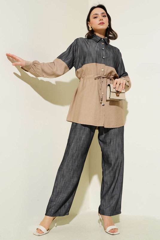 Bel Tünelli Kot Garnili İkili Takım Latte