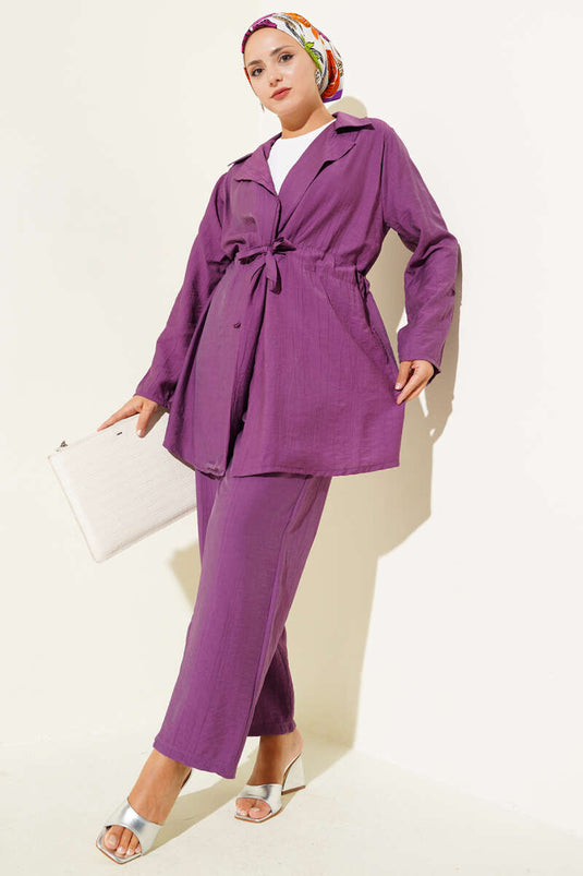 Costume deux pièces croisé avec taille tunnel, magenta