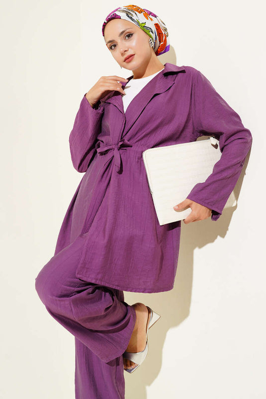 Costume deux pièces croisé avec taille tunnel, magenta