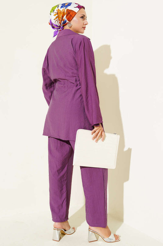 Costume deux pièces croisé avec taille tunnel, magenta