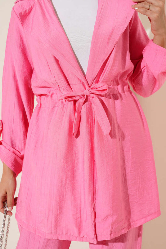 Bel Tünelli Kruvaze Yaka İkili Takım Pembe