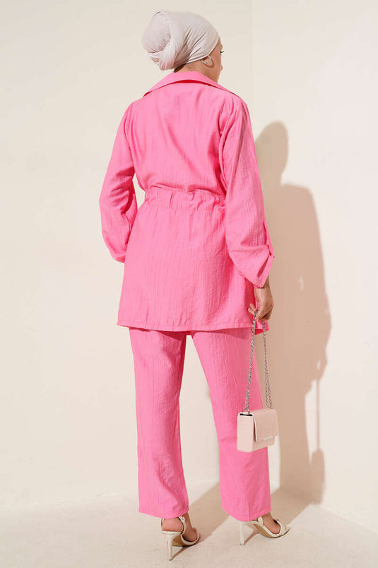 Bel Tünelli Kruvaze Yaka İkili Takım Pembe