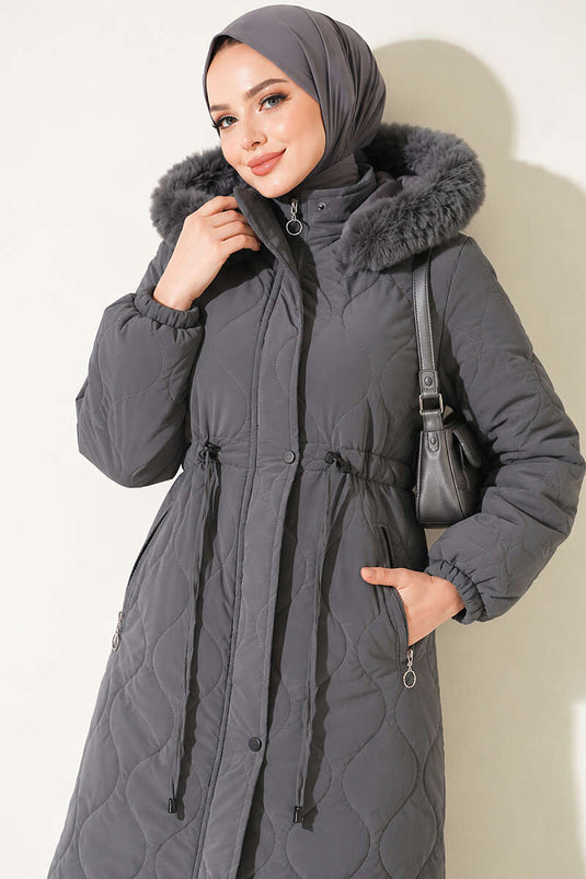 Bel Tünelli Kürk Detaylı Mont Füme