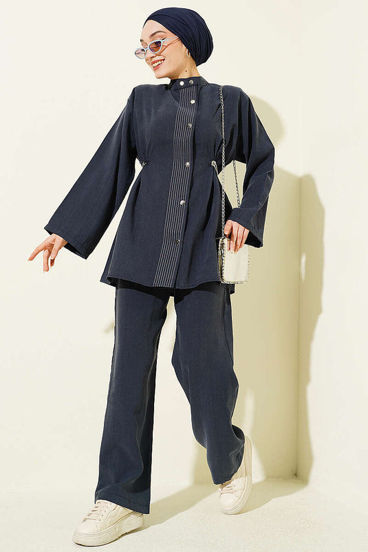 Ensemble double en modal bleu marine avec ceinture et boutons-pression élastiqués