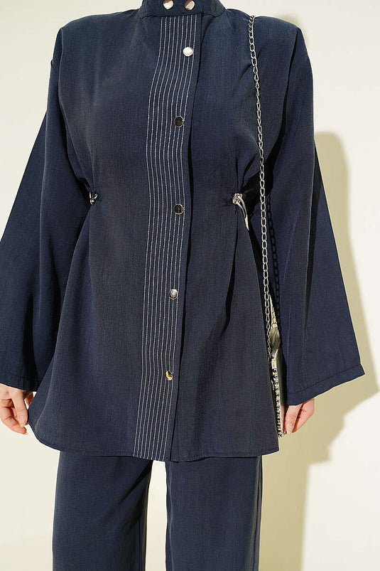 Ensemble double en modal bleu marine avec ceinture et boutons-pression élastiqués