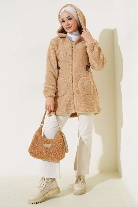 Bel Tünelli Lastikli Peluş Hırka Camel