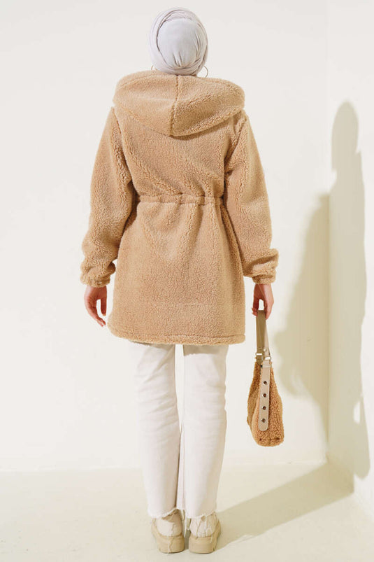 Bel Tünelli Lastikli Peluş Hırka Camel