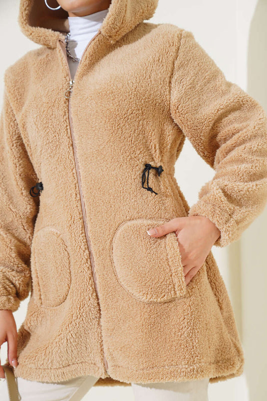 Bel Tünelli Lastikli Peluş Hırka Camel