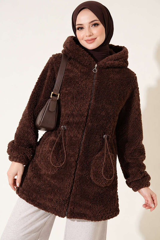 Bel Tünelli Lastikli Peluş Hırka Kahve