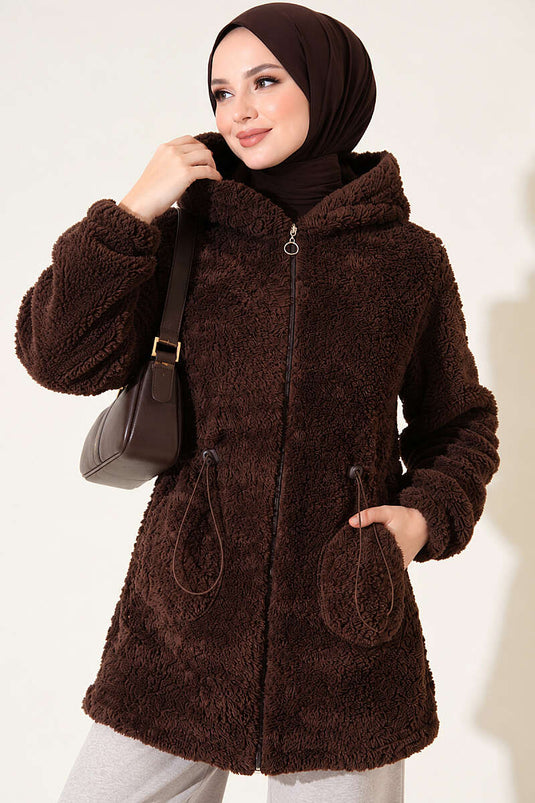 Bel Tünelli Lastikli Peluş Hırka Kahve