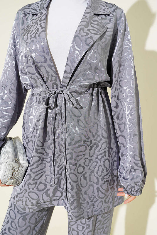 Ensemble double en jacquard léopard avec ceinture en maille gris