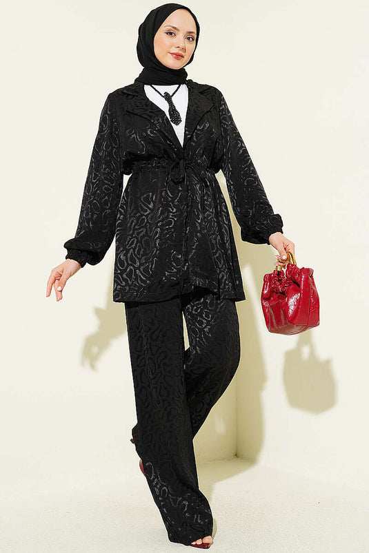 Ensemble deux pièces en jacquard léopard avec ceinture en tulle noir