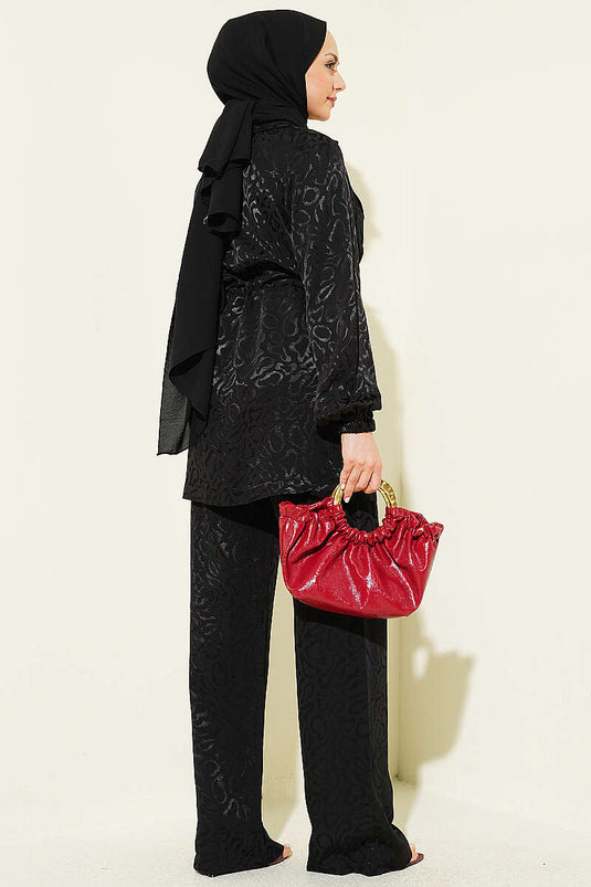 Ensemble deux pièces en jacquard léopard avec ceinture en tulle noir