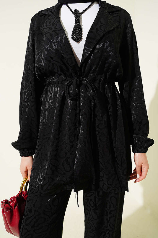 Ensemble deux pièces en jacquard léopard avec ceinture en tulle noir
