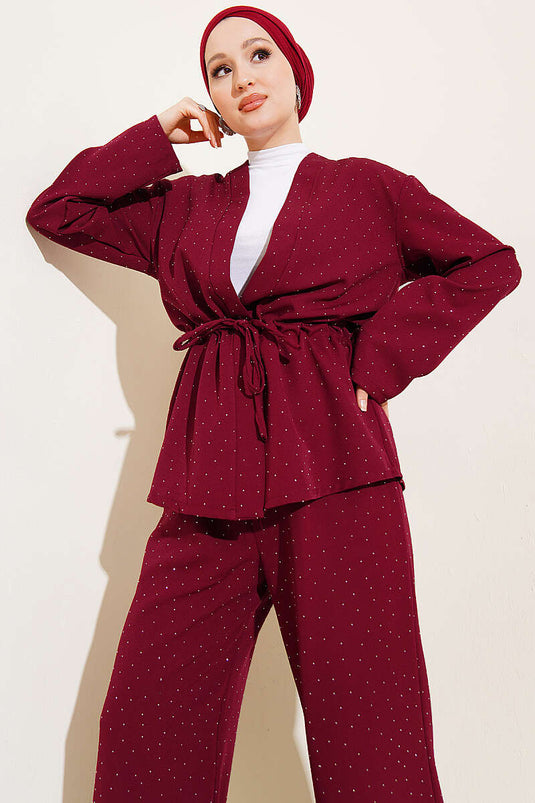 Belt with Mesh Mini Double Set with Stones Burgundy