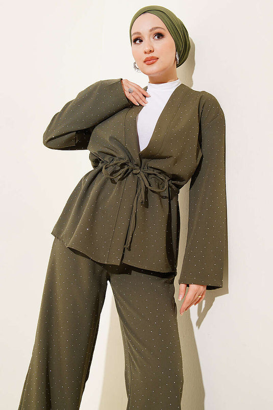 Belt with Tunnel Mini Stone Double Two-Piece Set Khaki