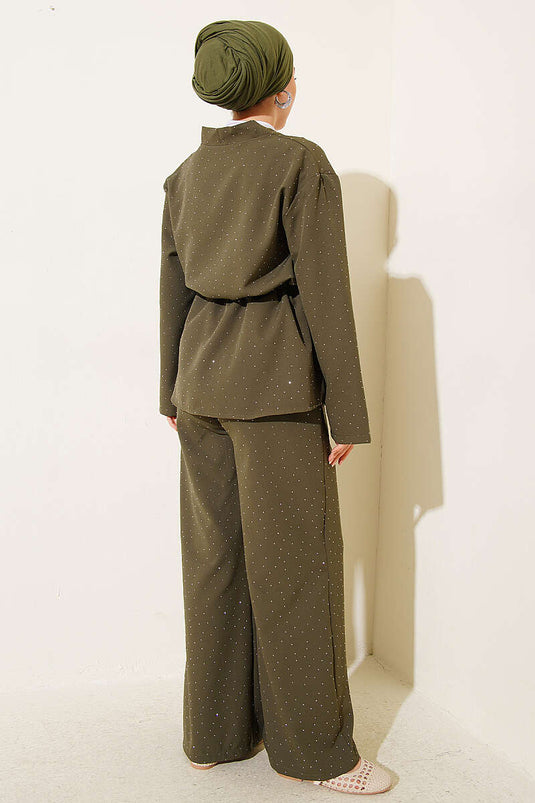 Belt with Tunnel Mini Stone Double Two-Piece Set Khaki
