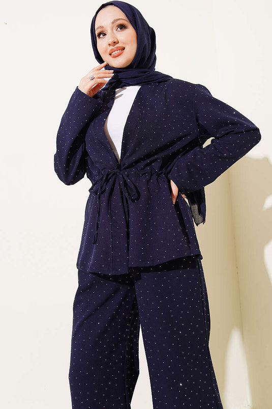Belt with Mesh Mini Stone Double Two-Piece Set Navy Blue