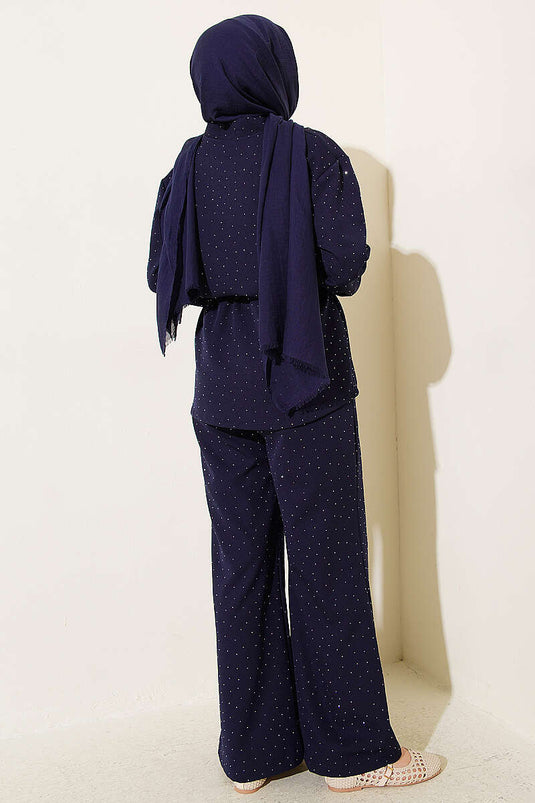 Belt with Mesh Mini Stone Double Two-Piece Set Navy Blue