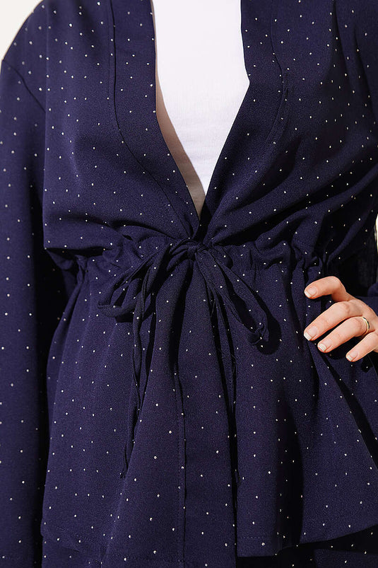 Belt with Mesh Mini Stone Double Two-Piece Set Navy Blue