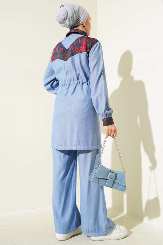 Bel Tünelli Nakış Garnili İkili Takım Mavi