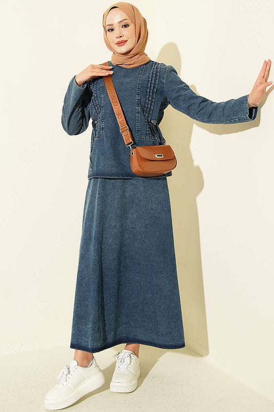 Blaues Denim Zweiteiliger Set Mit Rippenrock