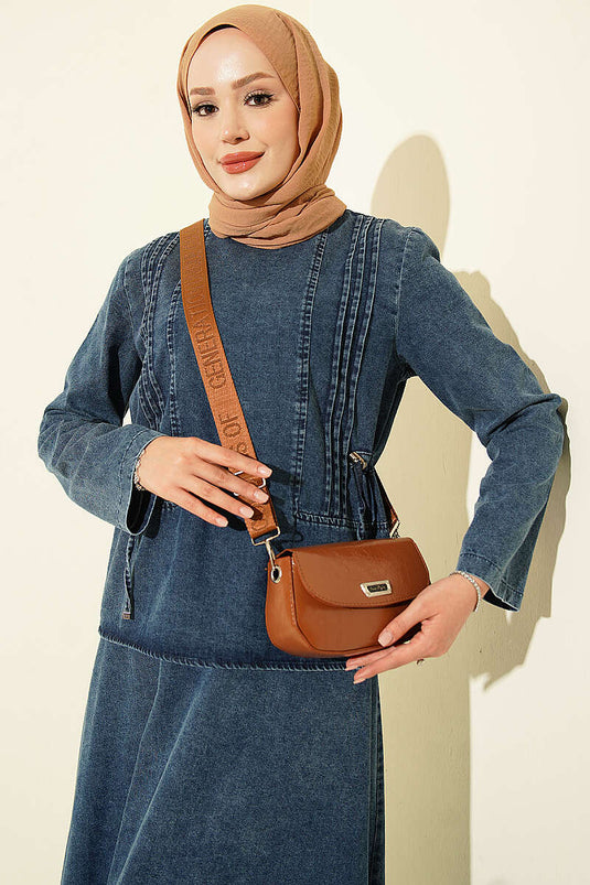 Blaues Denim Zweiteiliger Set Mit Rippenrock