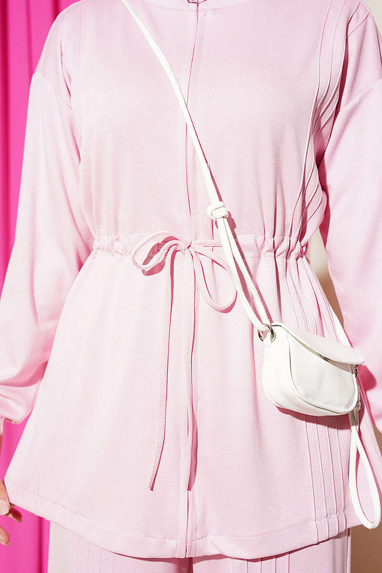 Conjunto De Dos Piezas Rosa Con Ribete Y Pliegues
