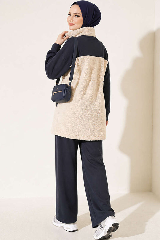 Ensemble En Maille Et Fausse Fourrure Avec Ceinture, Gris Fumé