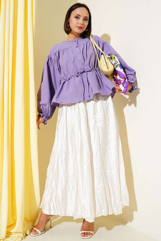 Bel Tünelli Pileli Kısa Gömlek Lila